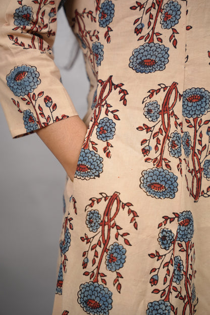 Cream Ajrakh Handblock Printed Kali Kurti Co-ord Set (Pure Cotton ) | Looms & Tassels
