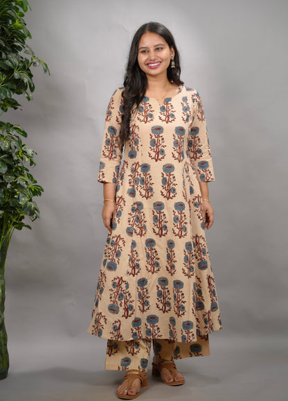 Cream Ajrakh Handblock Printed Kali Kurti Co-ord Set (Pure Cotton ) | Looms & Tassels
