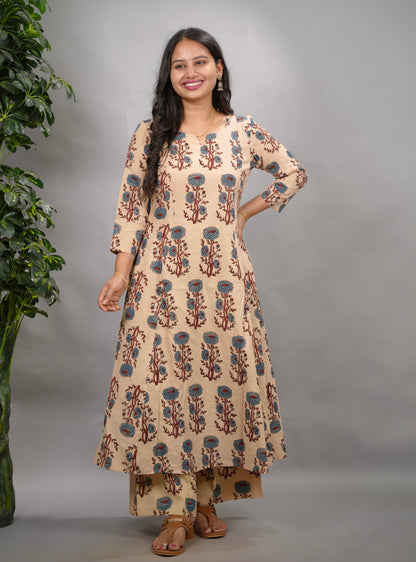 Cream Ajrakh Handblock Printed Kali Kurti Co-ord Set (Pure Cotton ) | Looms & Tassels