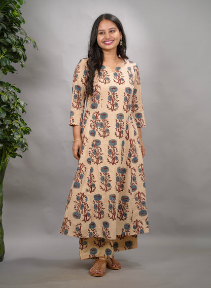 Cream Ajrakh Handblock Printed Kali Kurti Co-ord Set (Pure Cotton ) | Looms & Tassels