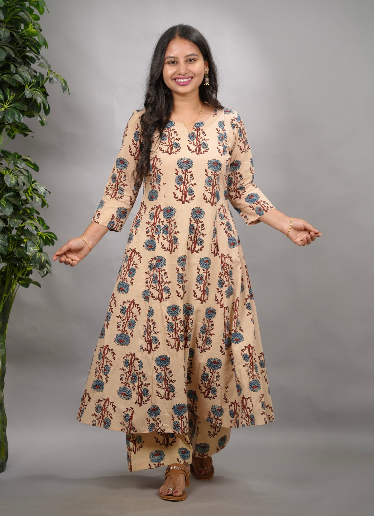 Cream Ajrakh Handblock Printed Kali Kurti Co-ord Set (Pure Cotton ) | Looms & Tassels