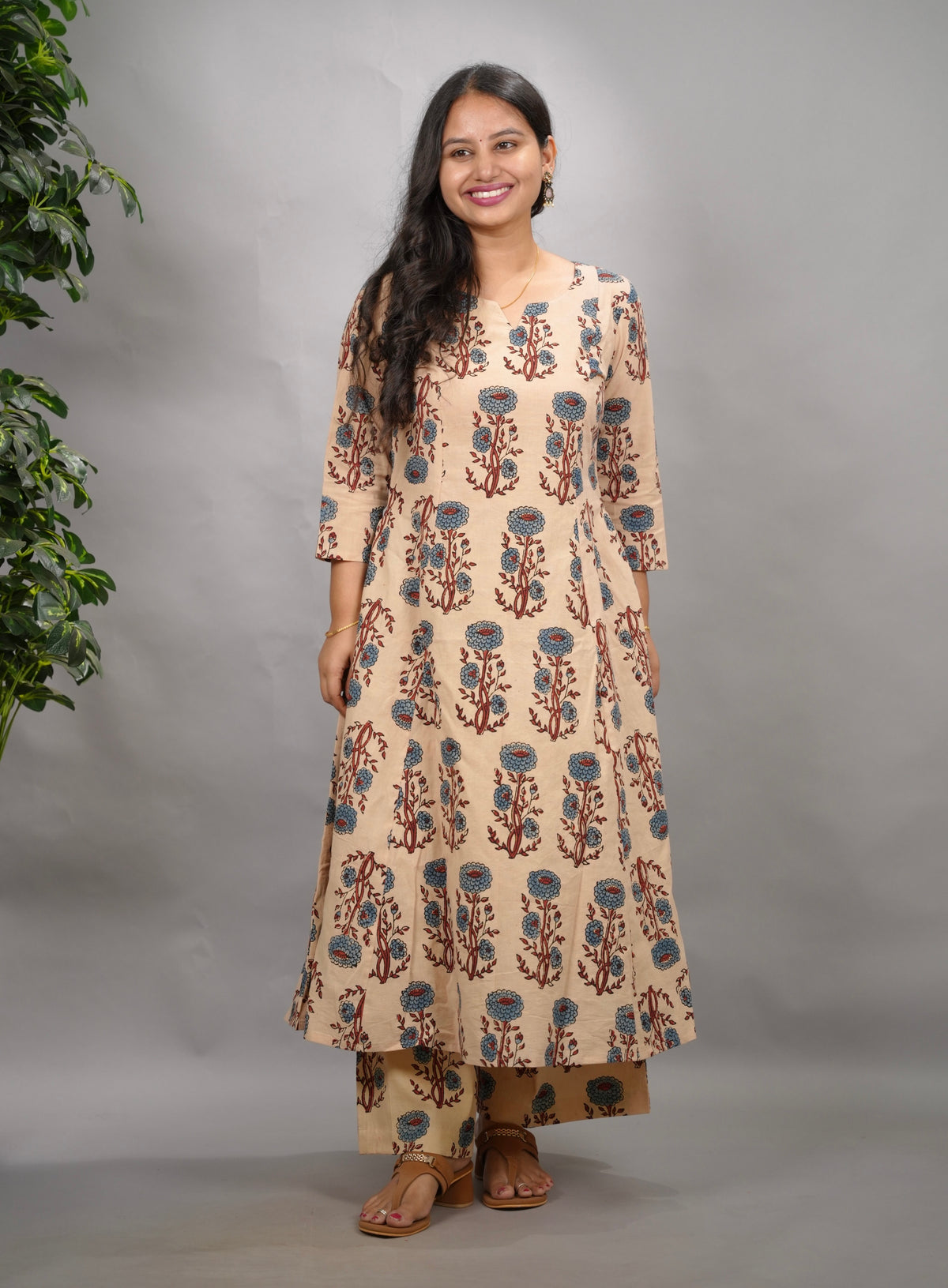 Cream Ajrakh Handblock Printed Kali Kurti Co-ord Set (Pure Cotton ) | Looms & Tassels