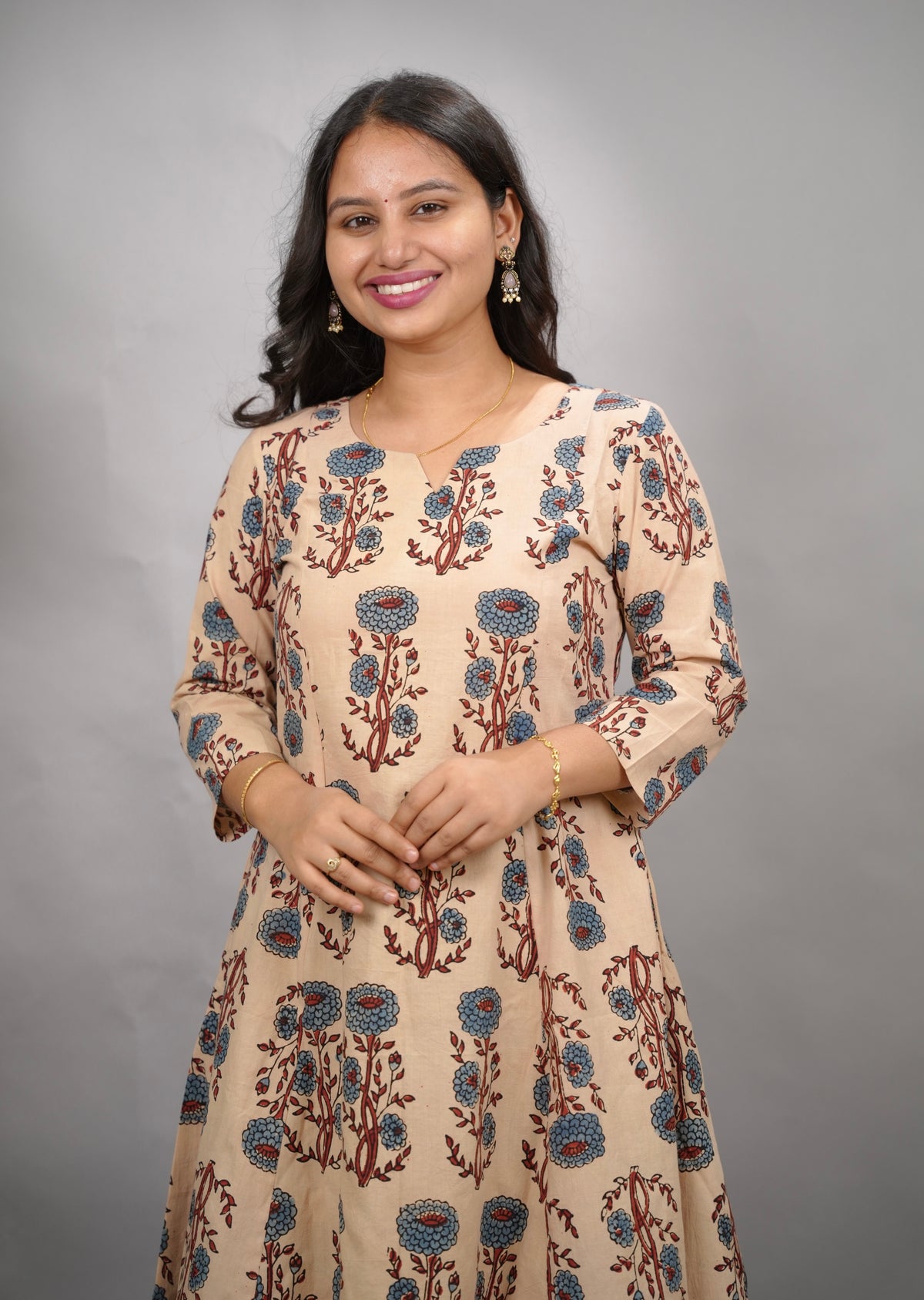 Cream Ajrakh Handblock Printed Kali Kurti Co-ord Set (Pure Cotton ) | Looms & Tassels