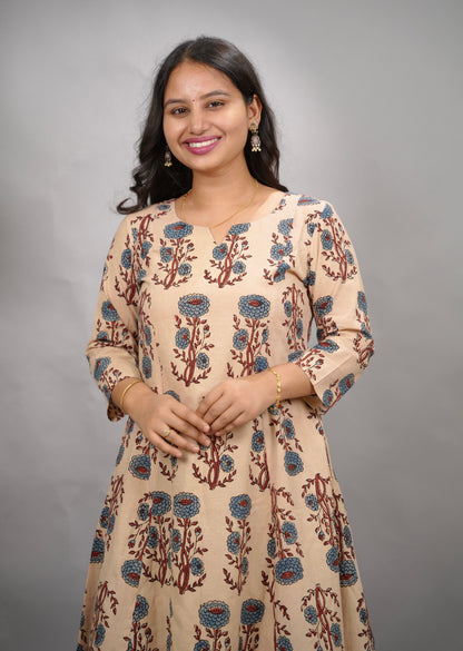 Cream Ajrakh Handblock Printed Kali Kurti Co-ord Set (Pure Cotton ) | Looms & Tassels