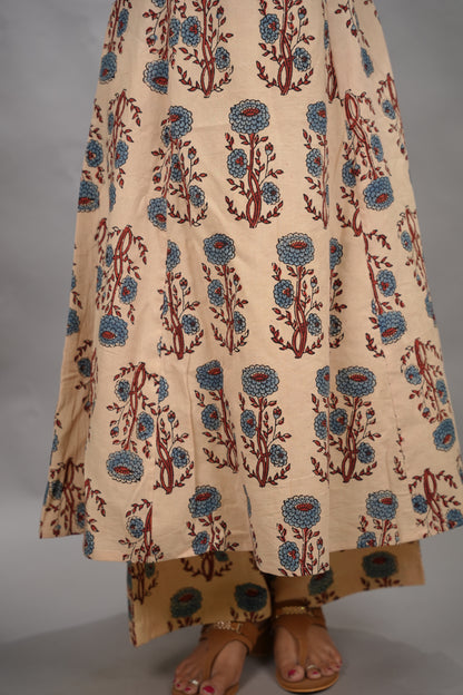 Cream Ajrakh Handblock Printed Kali Kurti Co-ord Set (Pure Cotton ) | Looms & Tassels