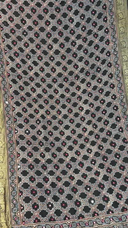 Black Handcrafted Ajrakh Dola Silk Saree with Authentic Banjara Mirror Work | Looms & Tassel (Copy)