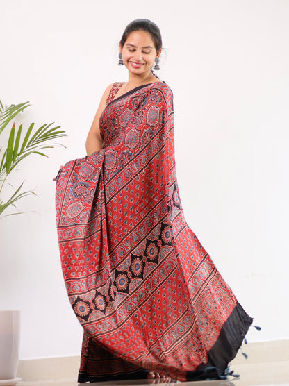 Maroon Badam Butta Authentic Ajrakh Handblock Printed Modal Silk Saree | Looms & Tassels