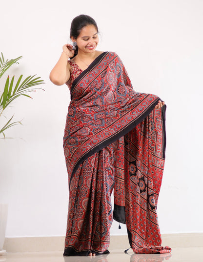 Maroon Badam Butta Authentic Ajrakh Handblock Printed Modal Silk Saree | Looms & Tassels