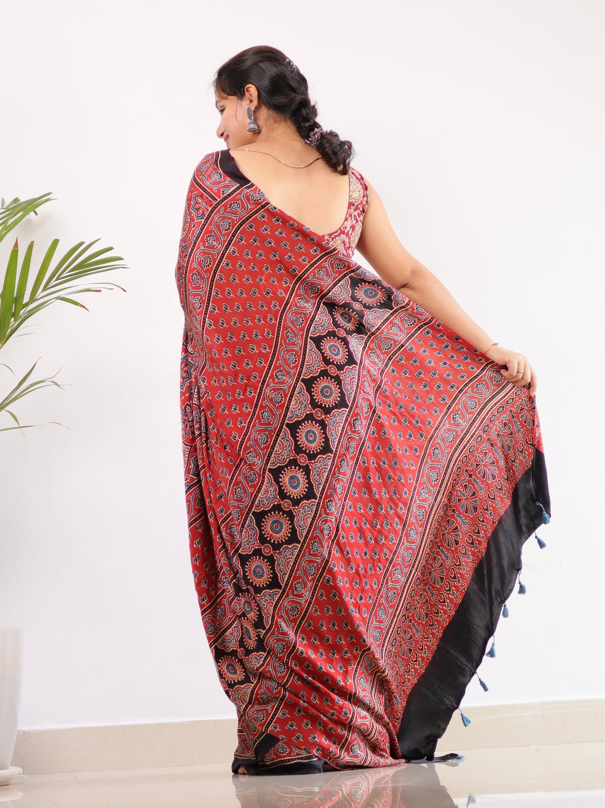 Maroon Badam Butta Authentic Ajrakh Handblock Printed Modal Silk Saree | Looms & Tassels