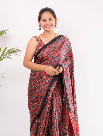 Maroon Badam Butta Authentic Ajrakh Handblock Printed Modal Silk Saree | Looms & Tassels