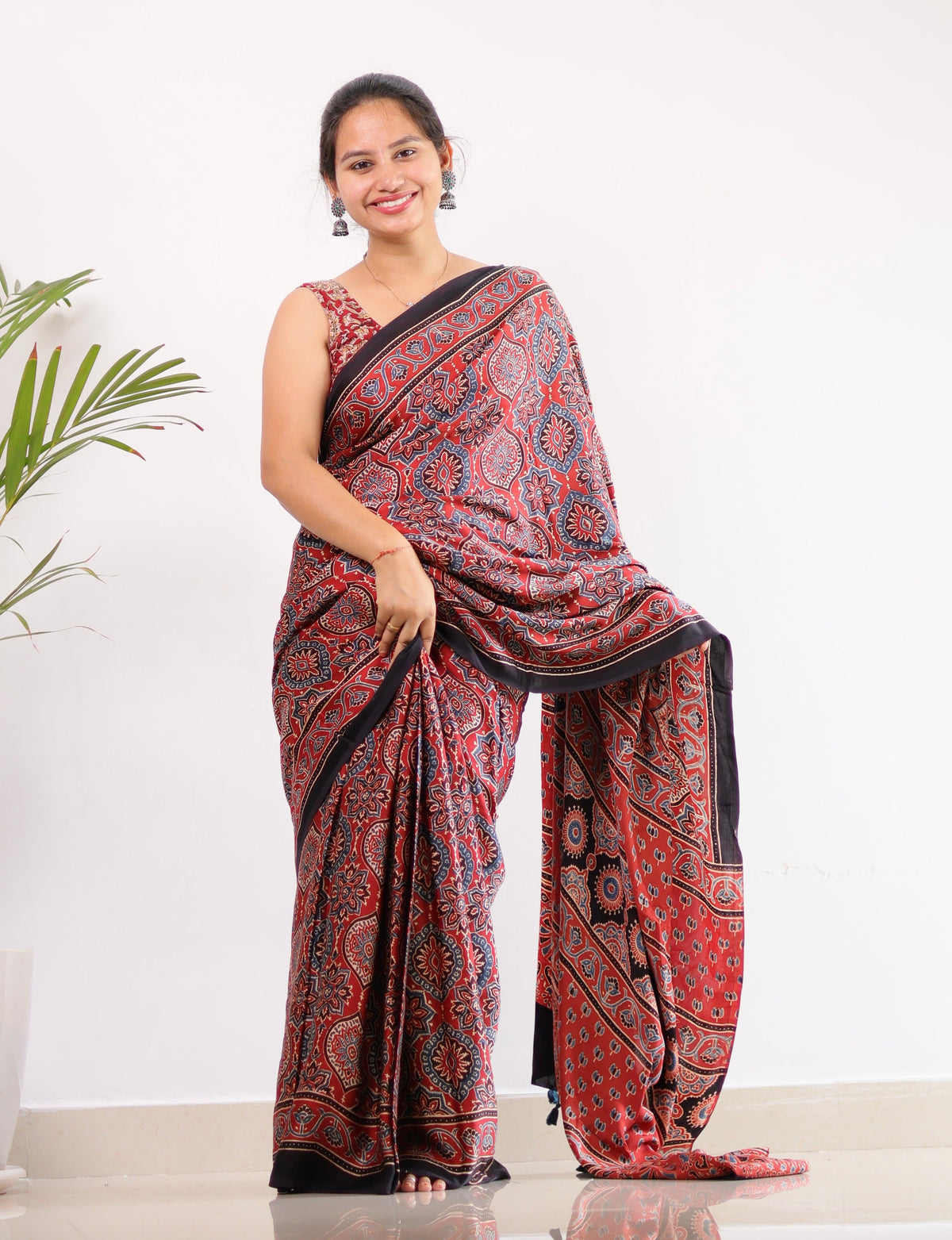 Maroon Badam Butta Authentic Ajrakh Handblock Printed Modal Silk Saree | Looms & Tassels